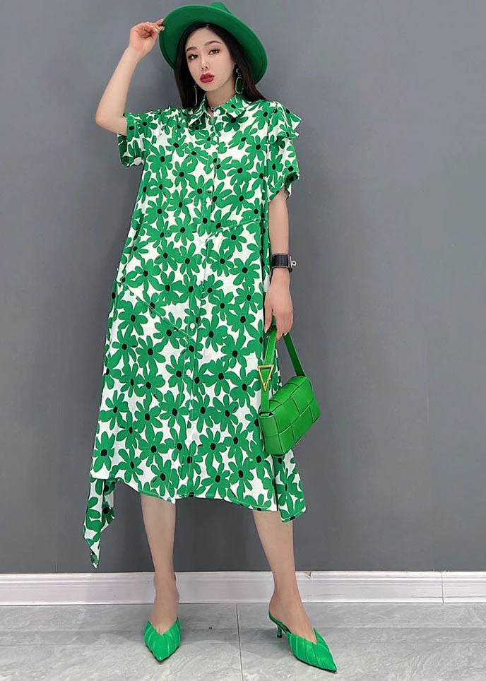 Fashion Green Peter Pan Collar asymmetrical design Print Cotton Holiday Dress Short Sleeve - Image 2