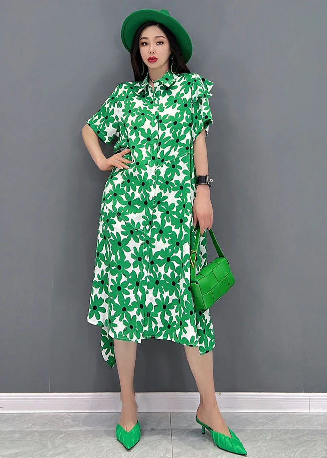 Fashion Green Peter Pan Collar asymmetrical design Print Cotton Holiday Dress Short Sleeve - Image 3