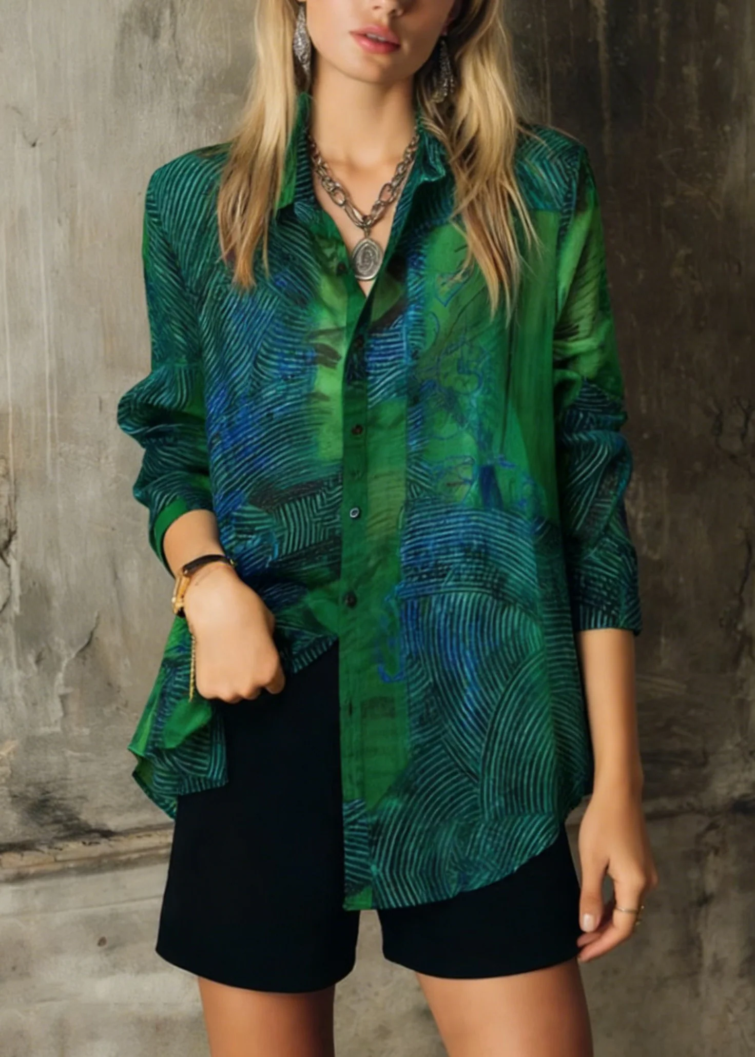 Fashion Green Peter Pan Collar Print Patchwork Cotton Shirts Long Sleeve - Image 3