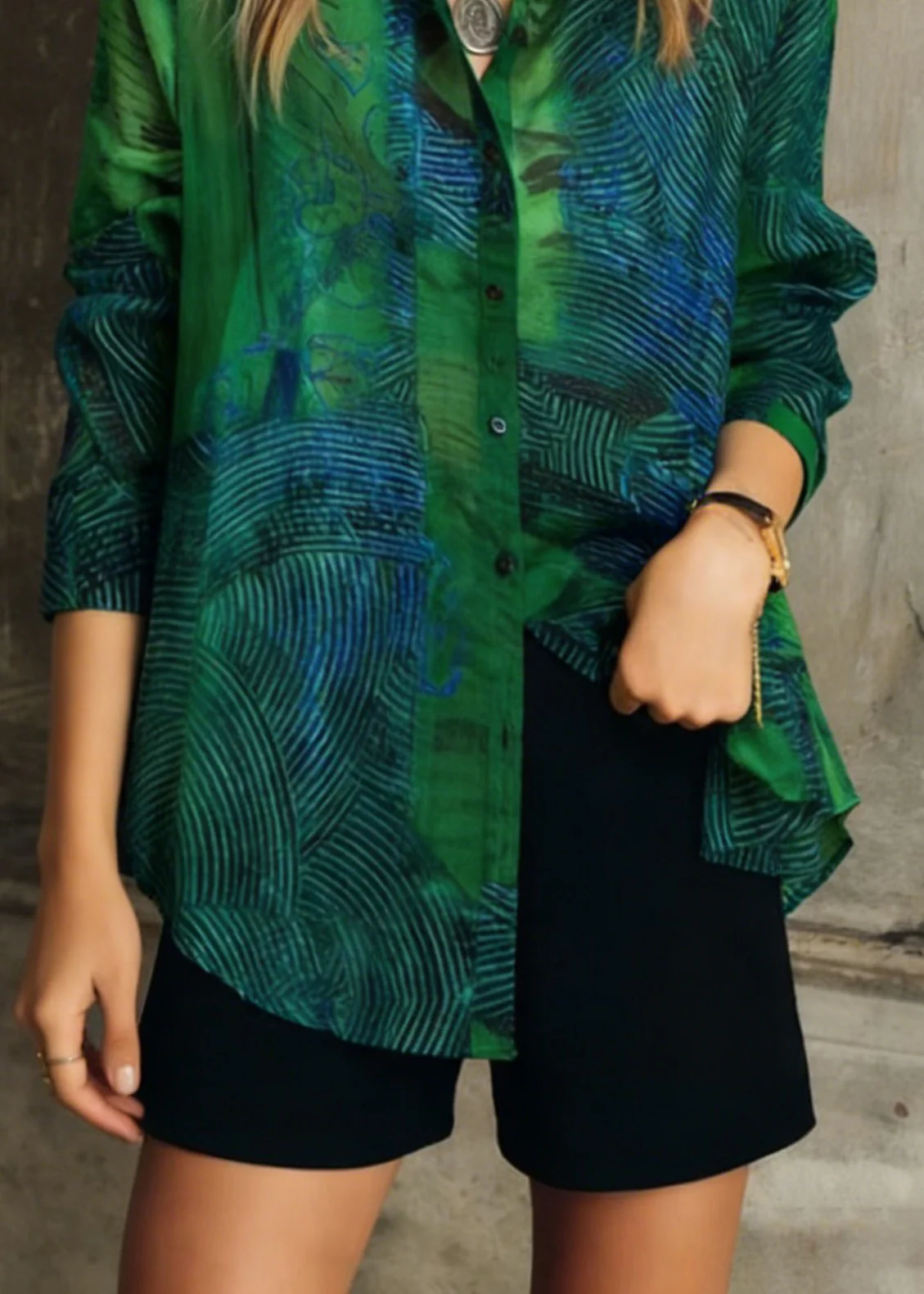Fashion Green Peter Pan Collar Print Patchwork Cotton Shirts Long Sleeve - Image 4