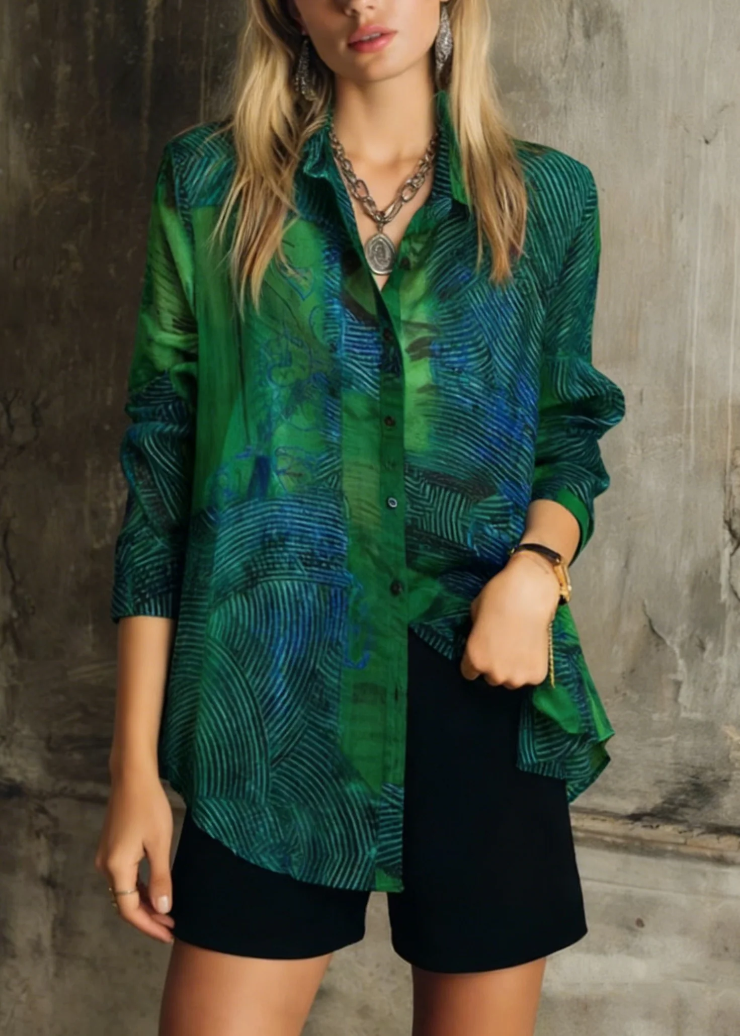 Fashion Green Peter Pan Collar Print Patchwork Cotton Shirts Long Sleeve - Image 5