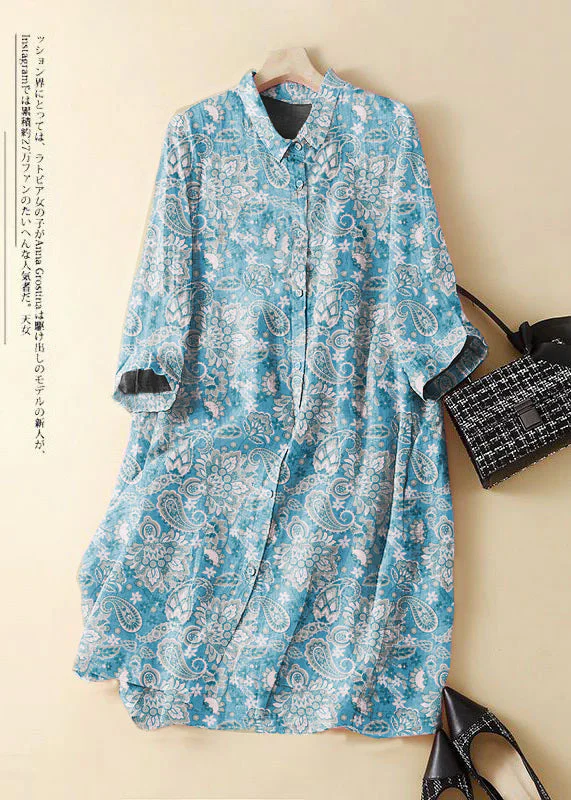 Fashion green polka dots Patchwork Linen Shirt Dress Summer - Image 2