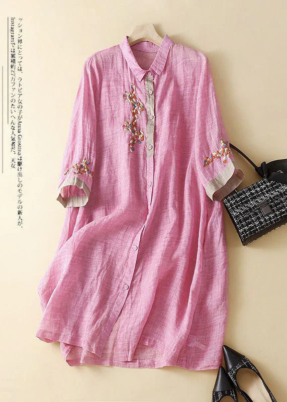Fashion green polka dots Patchwork Linen Shirt Dress Summer - Image 4