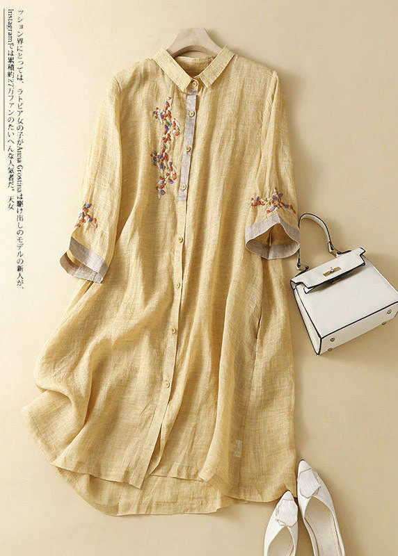 Fashion green polka dots Patchwork Linen Shirt Dress Summer - Image 6