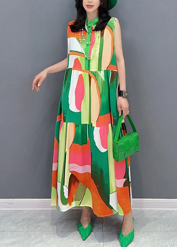 Fashion Green Print Button Vacation Maxi Dresses Sleeveless - Image 2