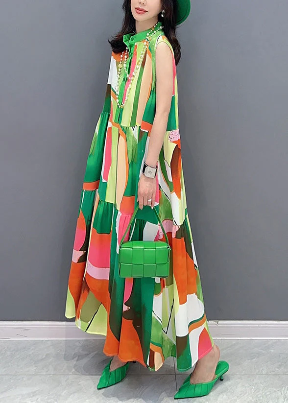 Fashion Green Print Button Vacation Maxi Dresses Sleeveless - Image 3