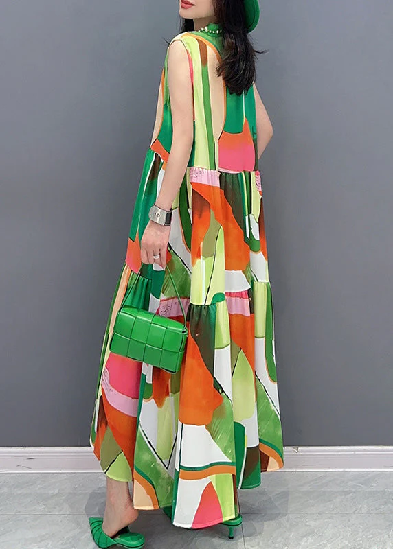 Fashion Green Print Button Vacation Maxi Dresses Sleeveless - Image 4