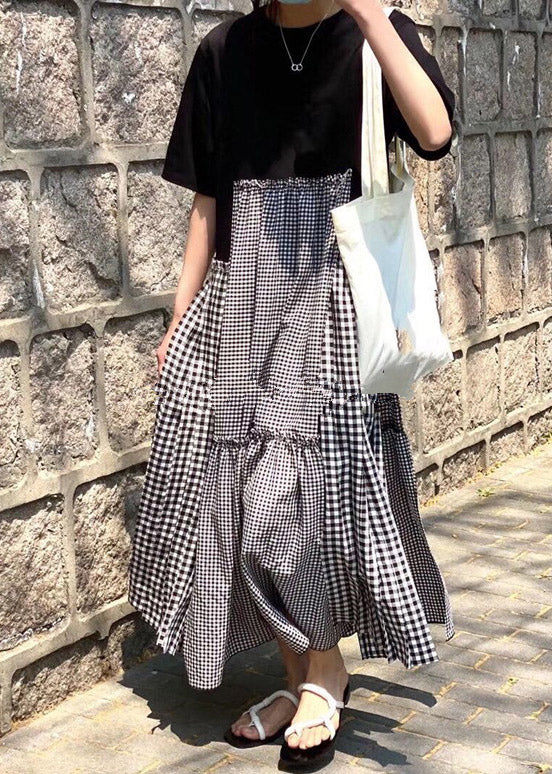 Fashion green print O-Neck Asymmetrical Plaid mosaic dress - Image 2