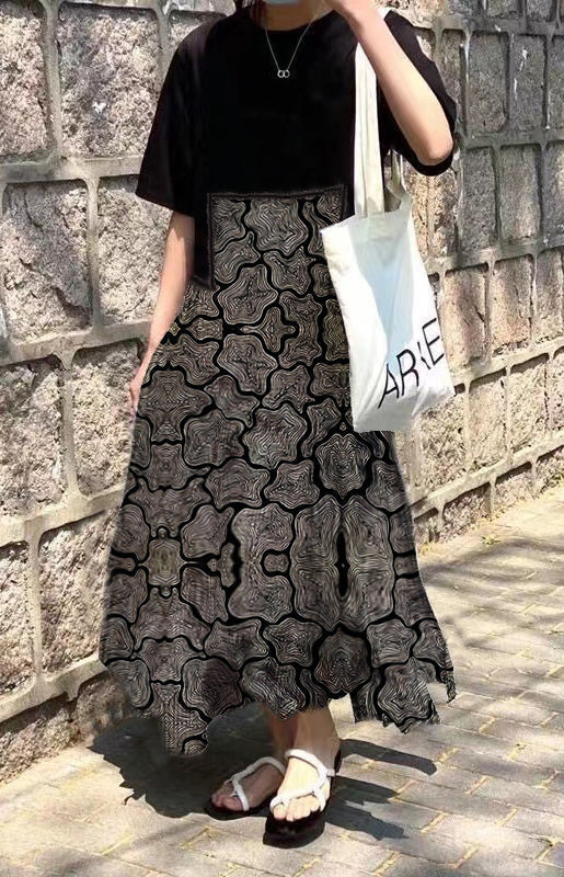 Fashion green print O-Neck Asymmetrical Plaid mosaic dress - Image 7