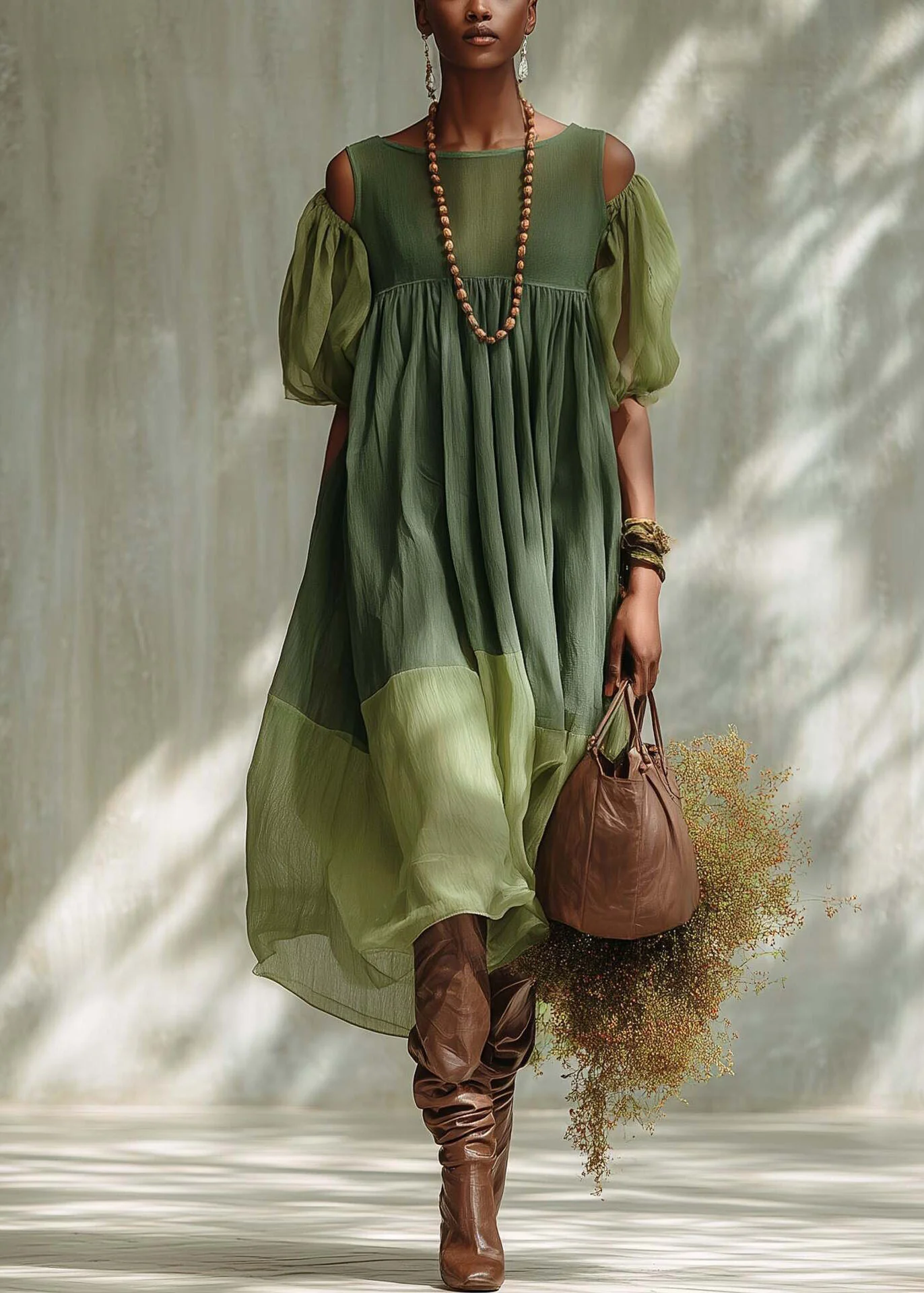 Fashion Green Puff Sleeve Patchwork Cotton Vacation Dress