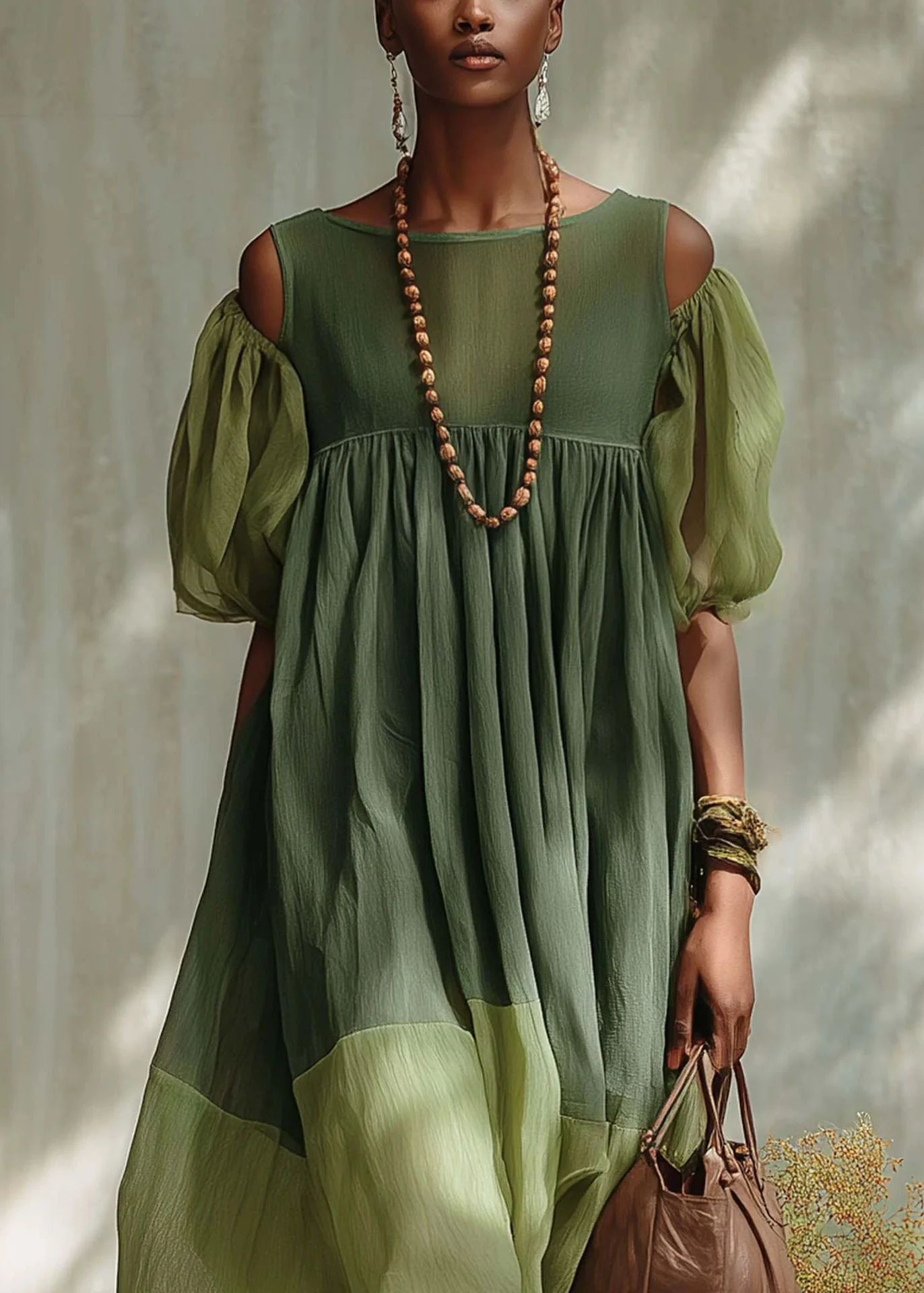 Fashion Green Puff Sleeve Patchwork Cotton Vacation Dress - Image 2