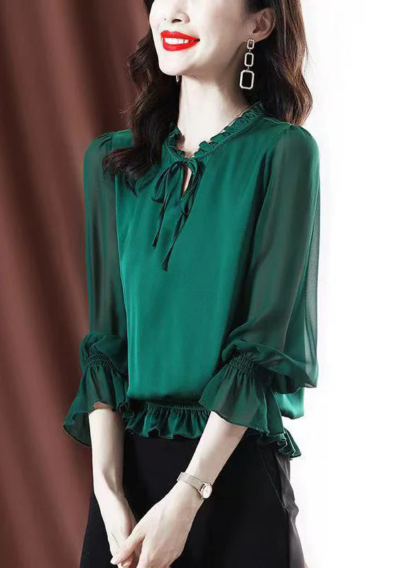 Fashion Green Ruffled Lace Up Chiffon Shirt Spring - Image 2
