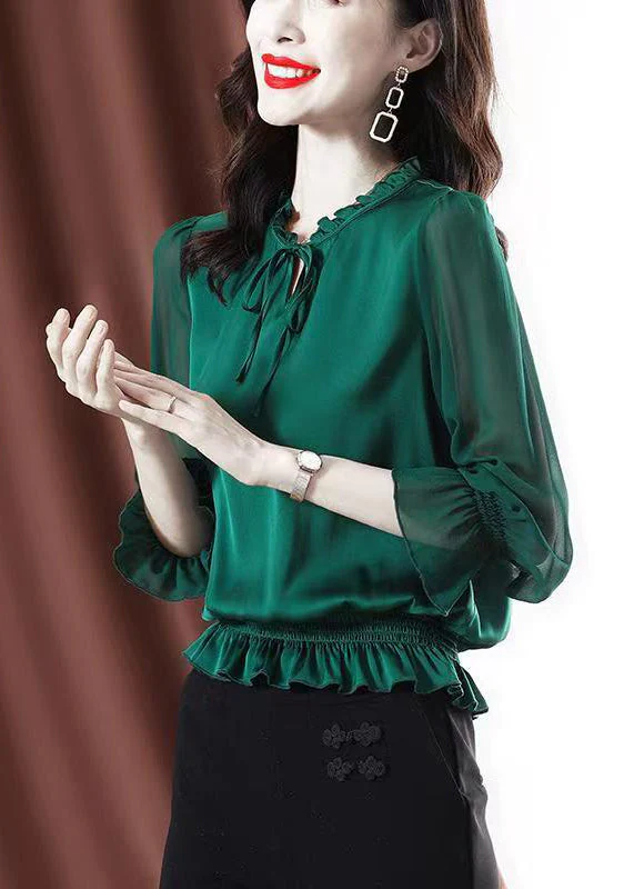 Fashion Green Ruffled Lace Up Chiffon Shirt Spring - Image 3