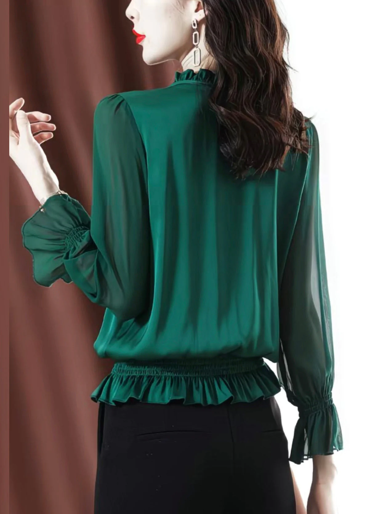 Fashion Green Ruffled Lace Up Chiffon Shirt Spring - Image 4