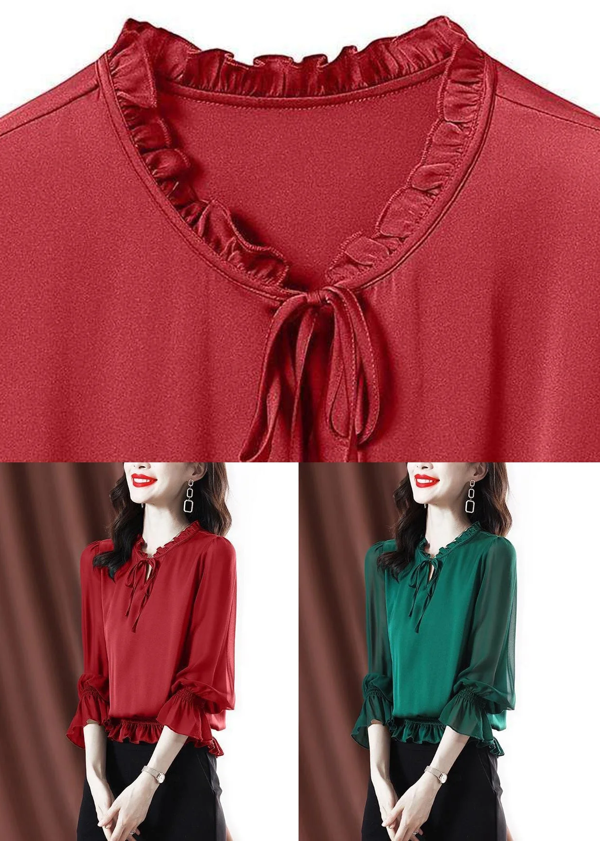 Fashion Green Ruffled Lace Up Chiffon Shirt Spring - Image 5