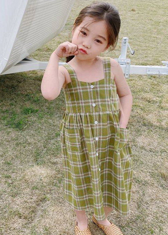 Fashion Green Square Collar Plaid Patchwork Button Girls Long Dress Sleeveless - Image 2