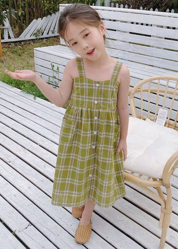 Fashion Green Square Collar Plaid Patchwork Button Girls Long Dress Sleeveless - Image 3