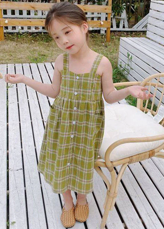 Fashion Green Square Collar Plaid Patchwork Button Girls Long Dress Sleeveless - Image 4