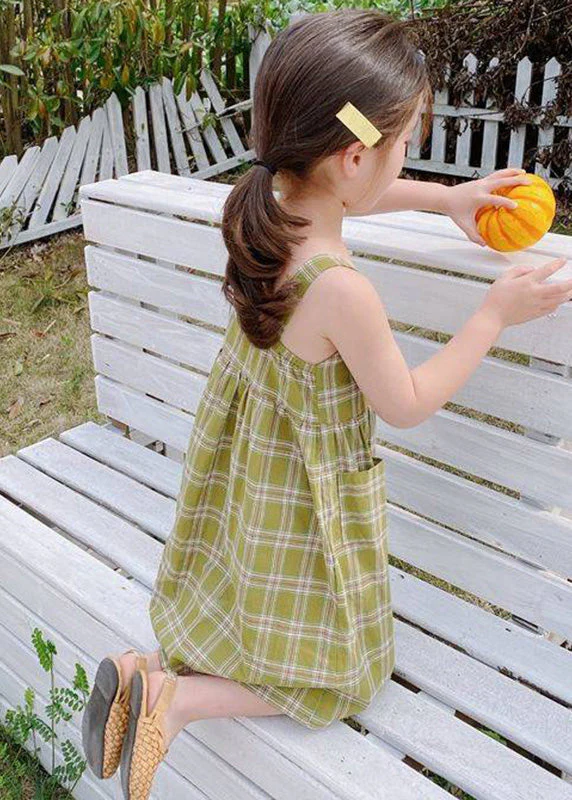 Fashion Green Square Collar Plaid Patchwork Button Girls Long Dress Sleeveless - Image 5
