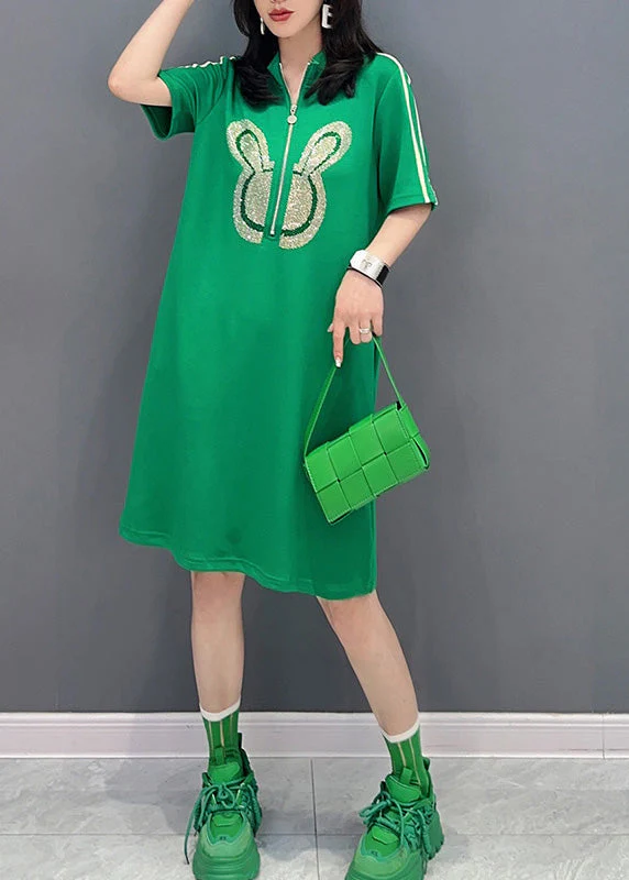 Fashion Green Stand Collar Mid Dress Summer - Image 2