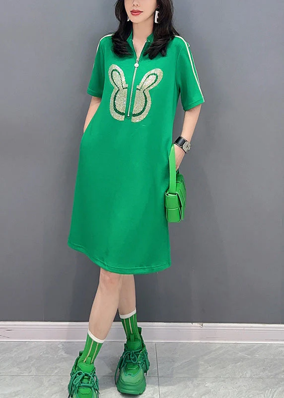 Fashion Green Stand Collar Mid Dress Summer - Image 3
