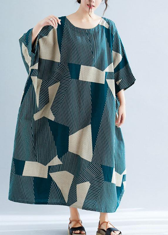 Fashion Green Striped O-Neck Loose Summer Bat Wing Sleeve Summer Dress - Image 2