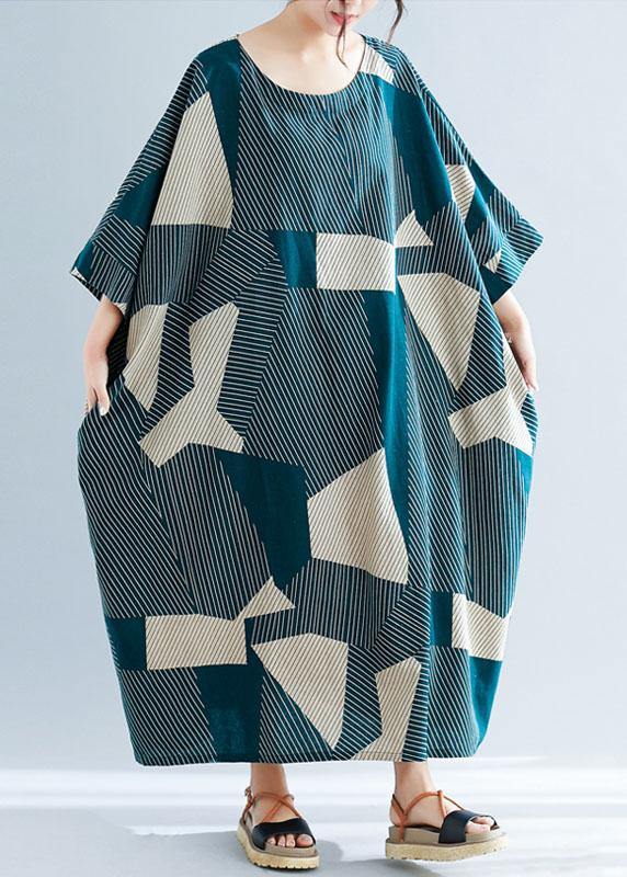 Fashion Green Striped O-Neck Loose Summer Bat Wing Sleeve Summer Dress - Image 3