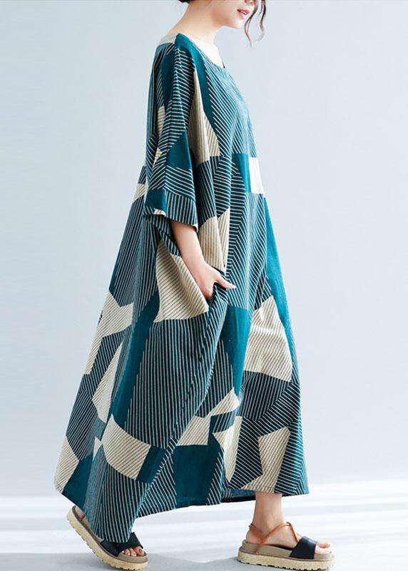 Fashion Green Striped O-Neck Loose Summer Bat Wing Sleeve Summer Dress - Image 5
