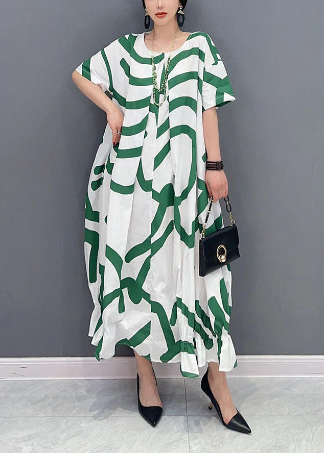 Fashion Green Striped Oversized Wrinkled Cotton Maxi Dresses Summer - Image 2