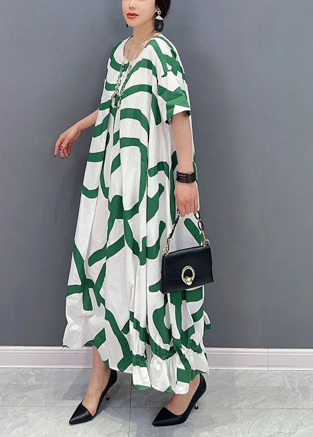 Fashion Green Striped Oversized Wrinkled Cotton Maxi Dresses Summer - Image 3