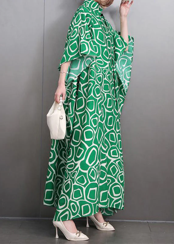 Fashion Green Turtleneck Print Side Open Party Maxi Dress Summer - Image 3