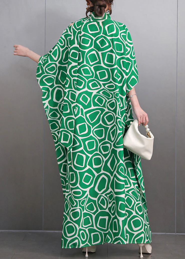 Fashion Green Turtleneck Print Side Open Party Maxi Dress Summer - Image 5