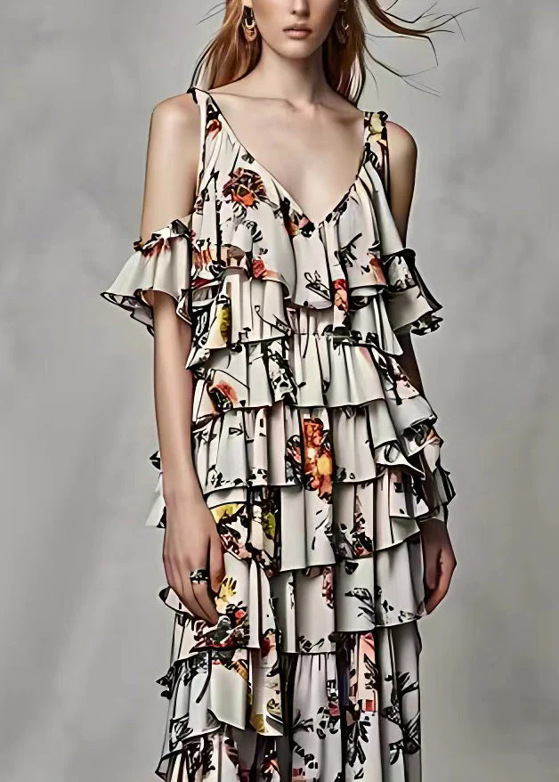 Fashion Grey Cold Shoulder Print Silk Long Dresses Summer - Image 2