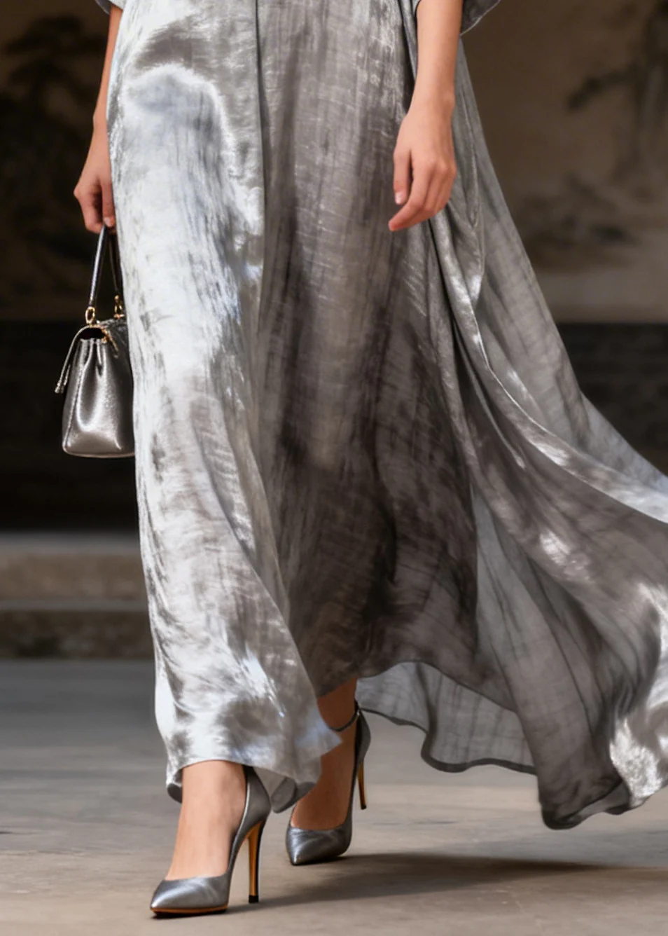 Fashion Grey Exra Large Hem Chinese Button Silk Maxi Dresses Summer - Image 4