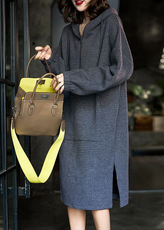 Fashion Grey Hooded Zippered Side Open Cotton Loose Dresses Winter - Image 2