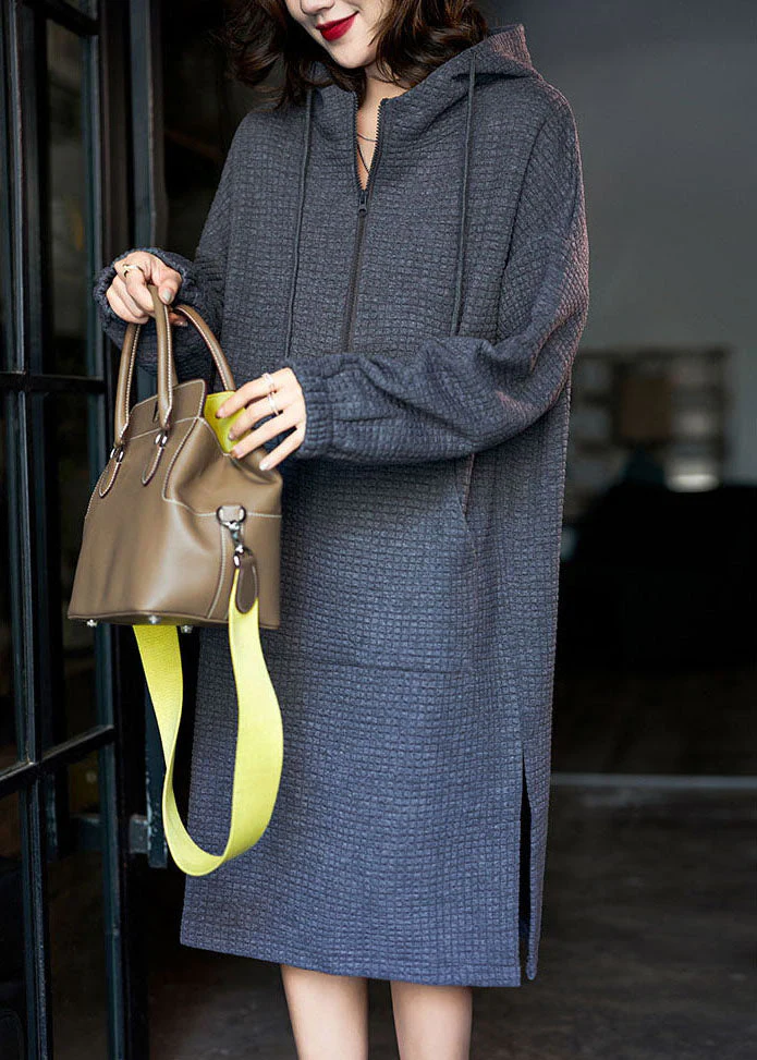 Fashion Grey Hooded Zippered Side Open Cotton Loose Dresses Winter - Image 3