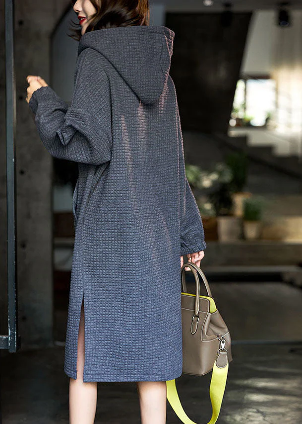 Fashion Grey Hooded Zippered Side Open Cotton Loose Dresses Winter - Image 4