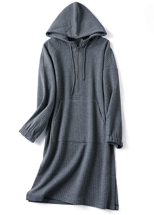 Fashion Grey Hooded Zippered Side Open Cotton Loose Dresses Winter - Image 5