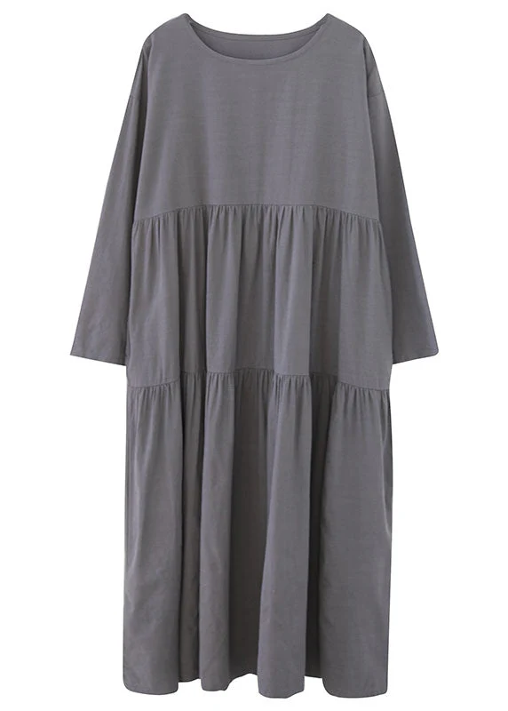 Fashion Grey Loose Pockets wrinkled Fall Vacation Dresses Long sleeve - Image 5