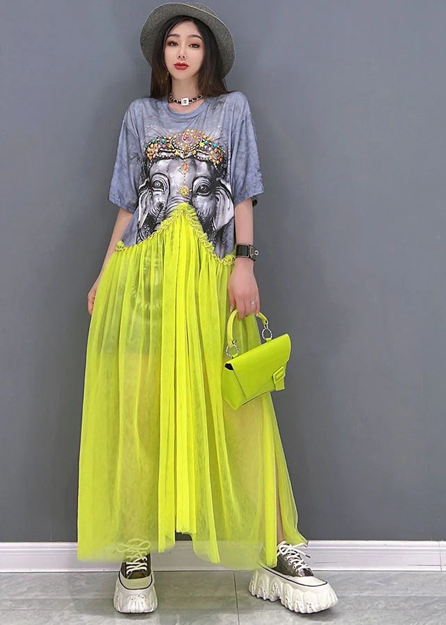 Fashion Grey O-Neck Patchwork Tulle Print Cotton Maxi Dress Short Sleeve - Image 2