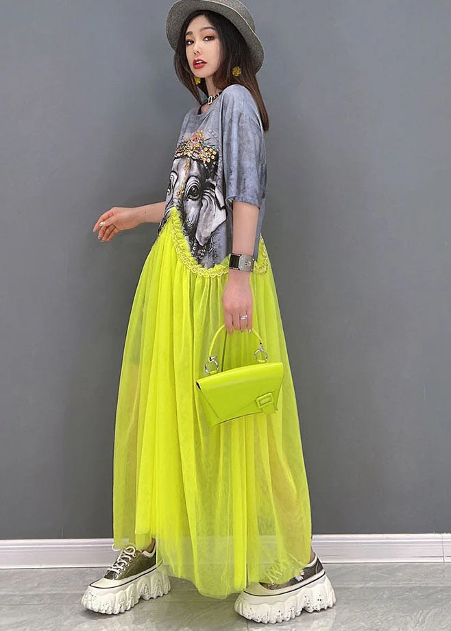 Fashion Grey O-Neck Patchwork Tulle Print Cotton Maxi Dress Short Sleeve - Image 3