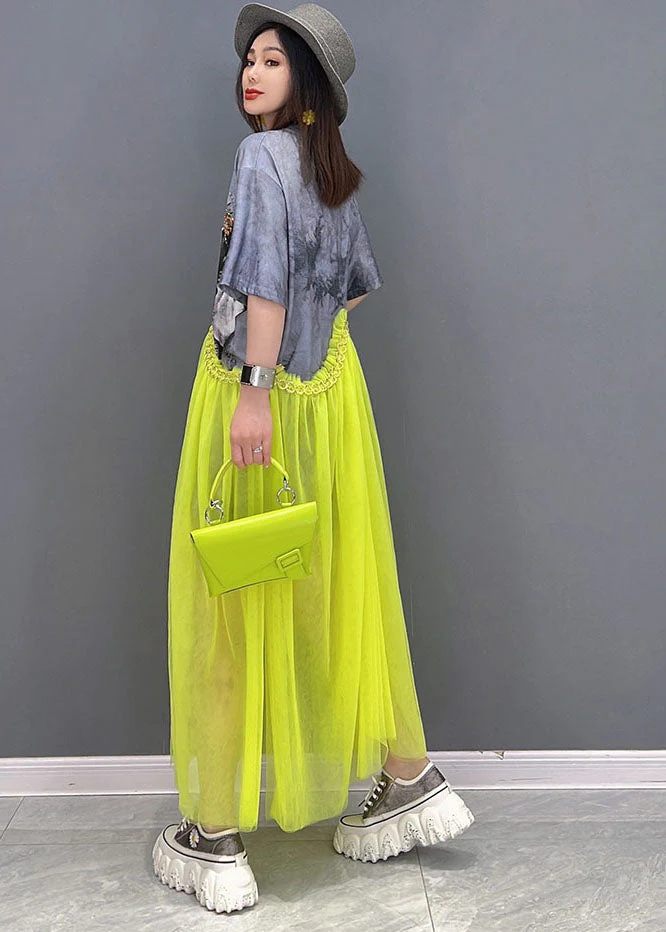 Fashion Grey O-Neck Patchwork Tulle Print Cotton Maxi Dress Short Sleeve - Image 4