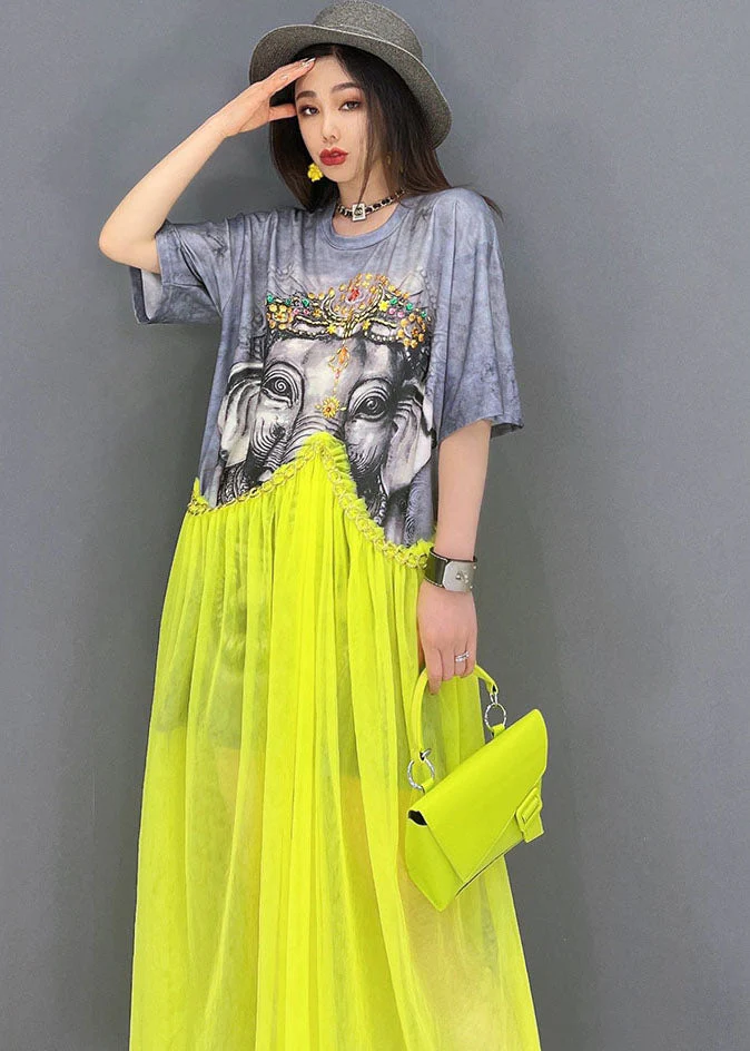Fashion Grey O-Neck Patchwork Tulle Print Cotton Maxi Dress Short Sleeve - Image 5