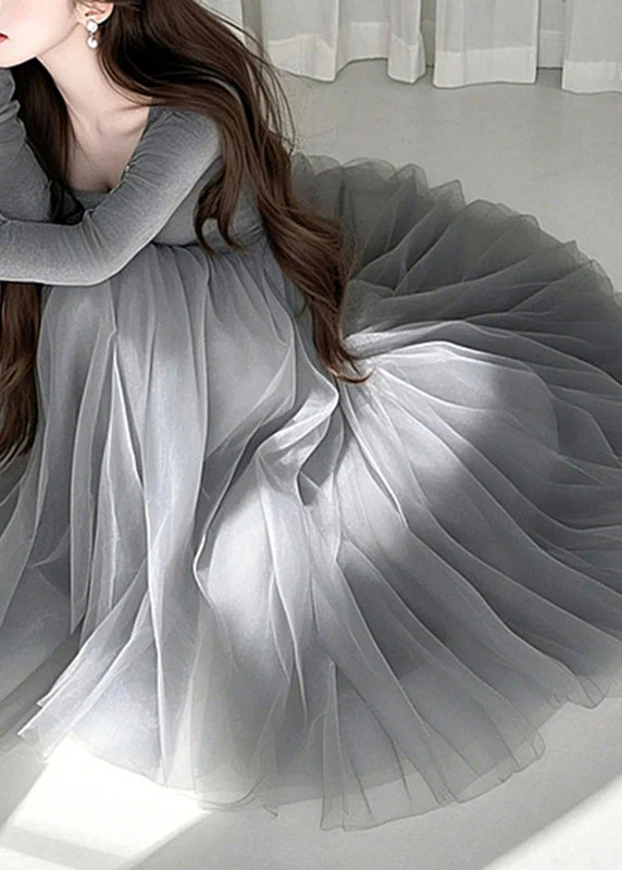 Fashion Grey O-Neck Tulle Maxi Dress Spring