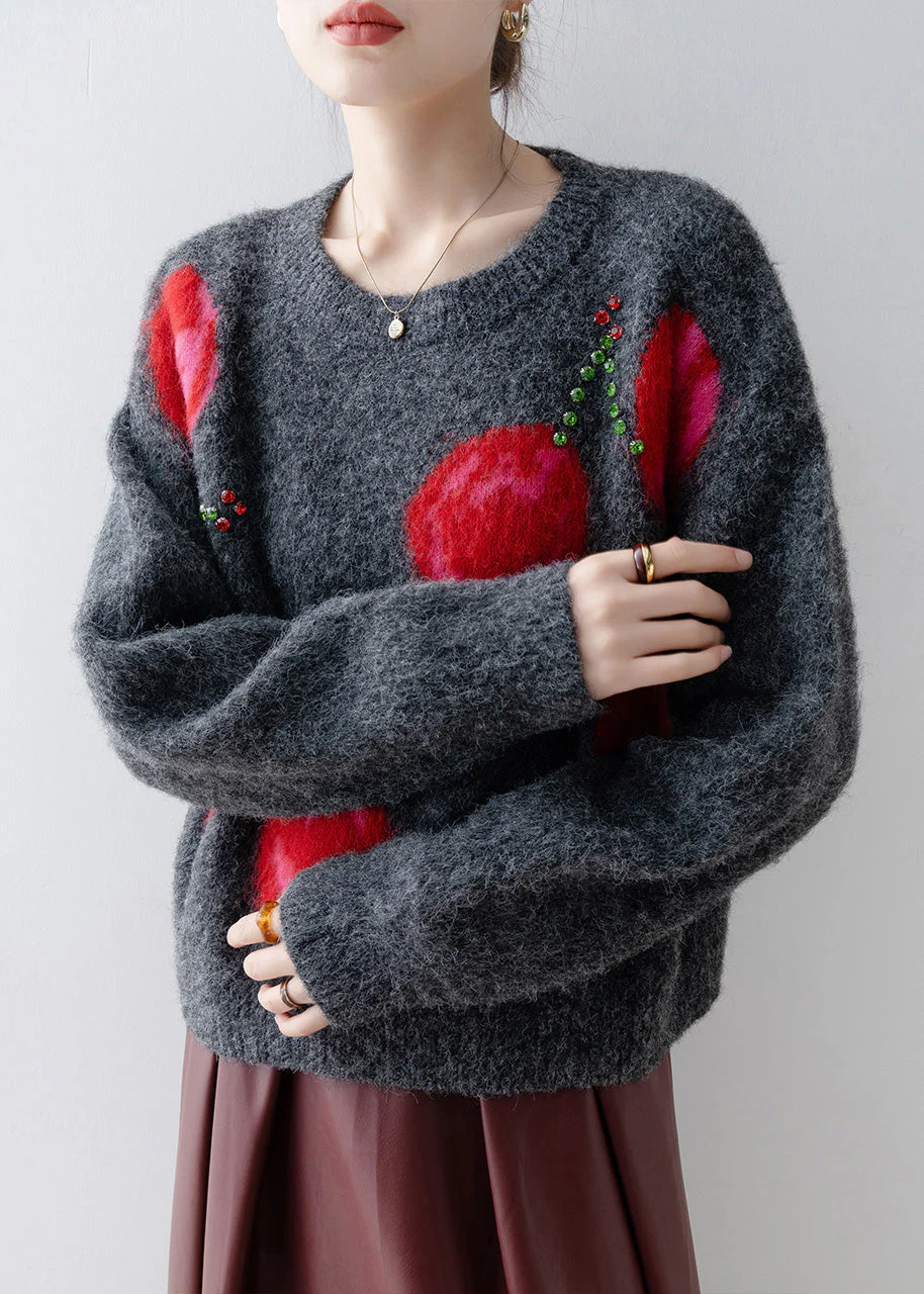 Fashion Grey O Neck Zircon Knit Sweaters Spring - Image 2