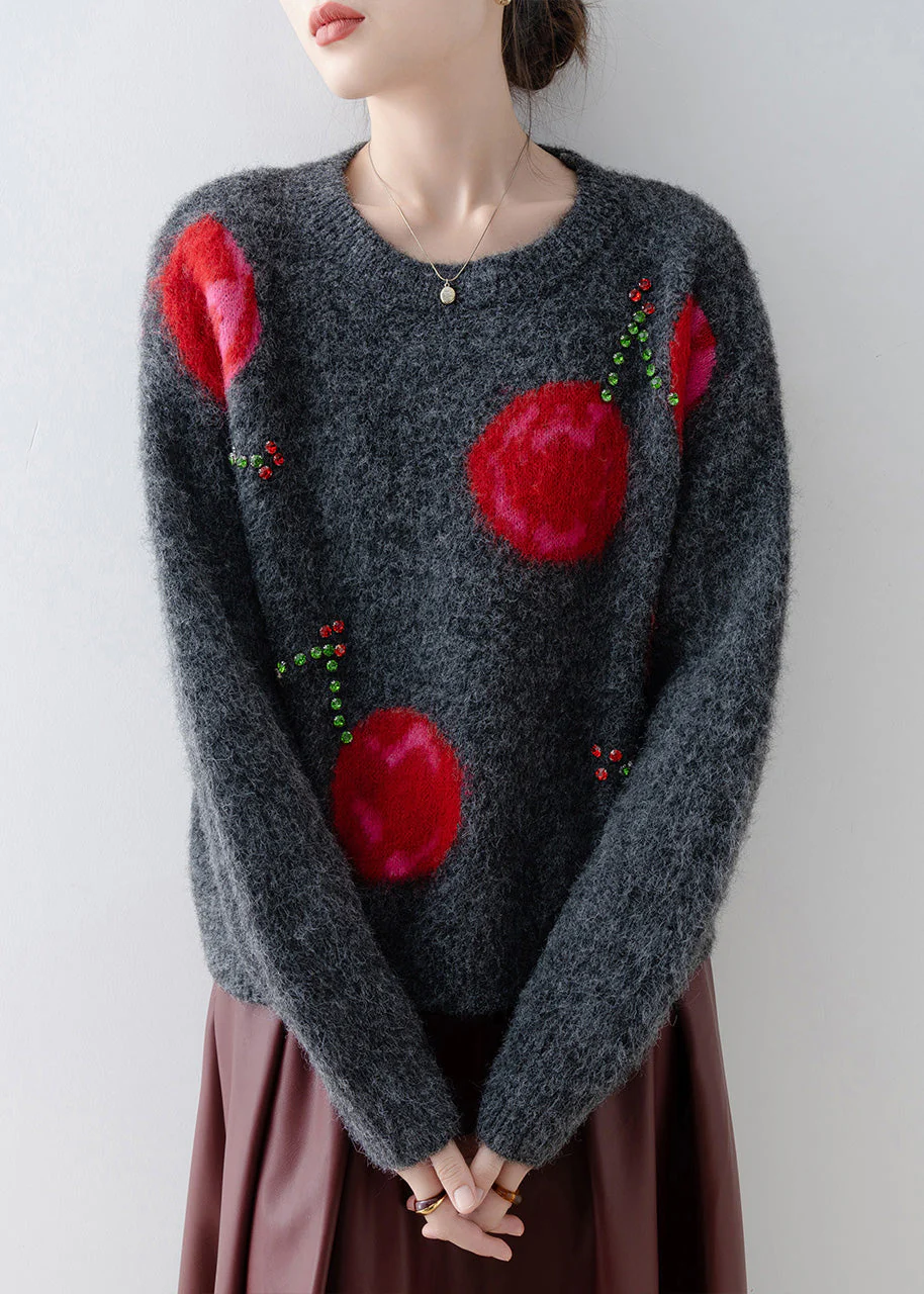 Fashion Grey O Neck Zircon Knit Sweaters Spring - Image 3