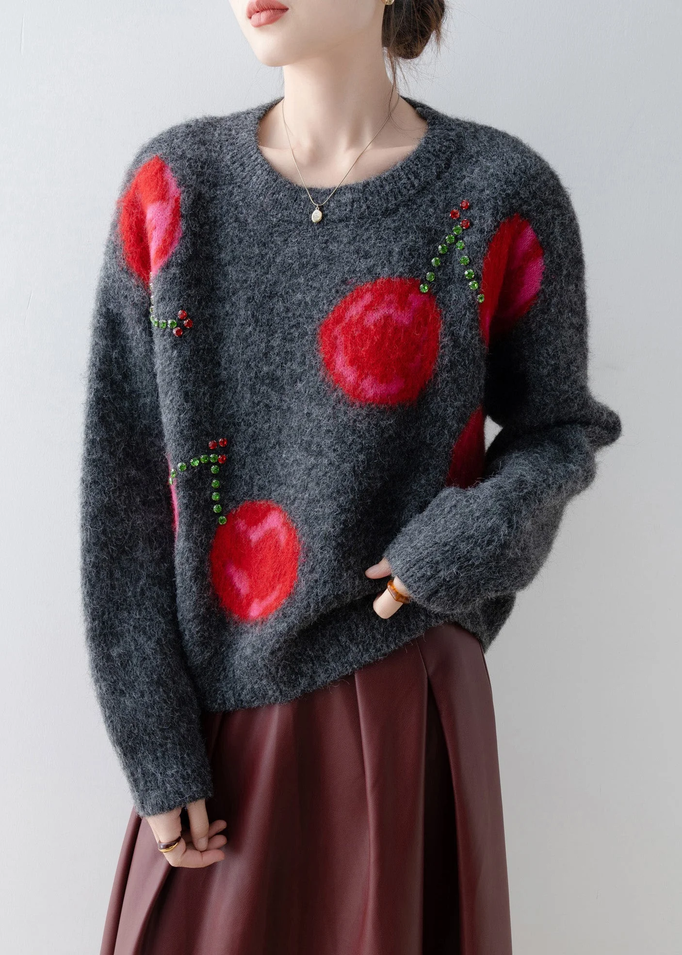 Fashion Grey O Neck Zircon Knit Sweaters Spring - Image 4