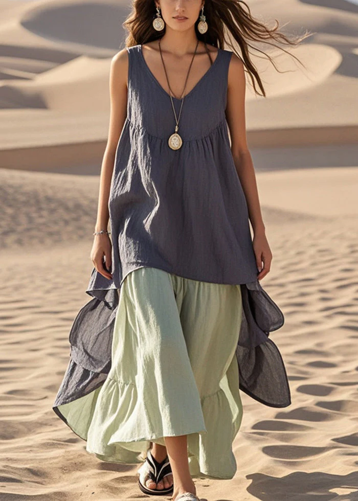 Fashion Grey Oversized Patchwork Cotton Fake Two Piece Dress Summer - Image 3