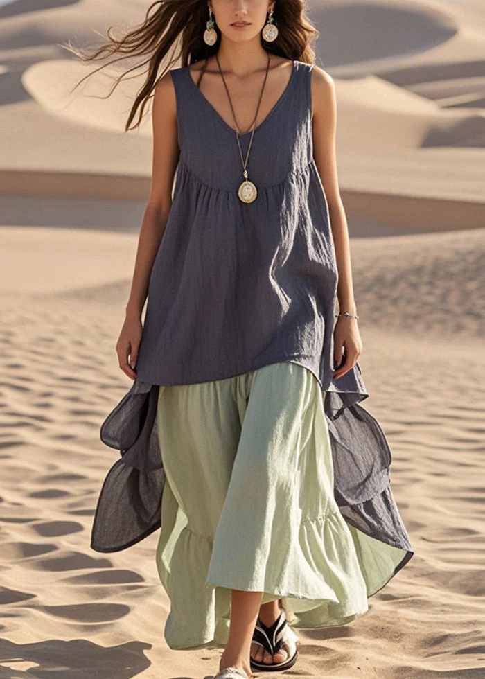 Fashion Grey Oversized Patchwork Cotton Fake Two Piece Dress Summer - Image 5