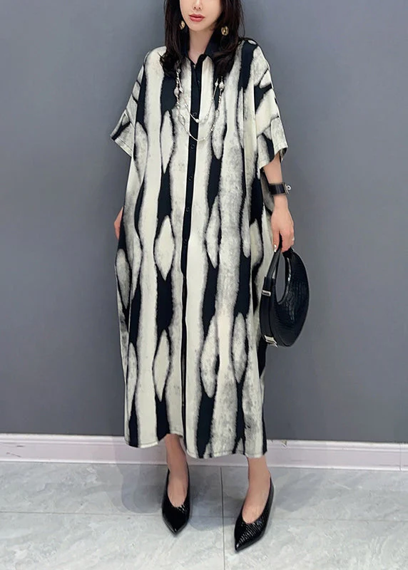 Fashion Grey Peter Pan Collar Print Patchwork Cotton Shirts Dress Summer - Image 2